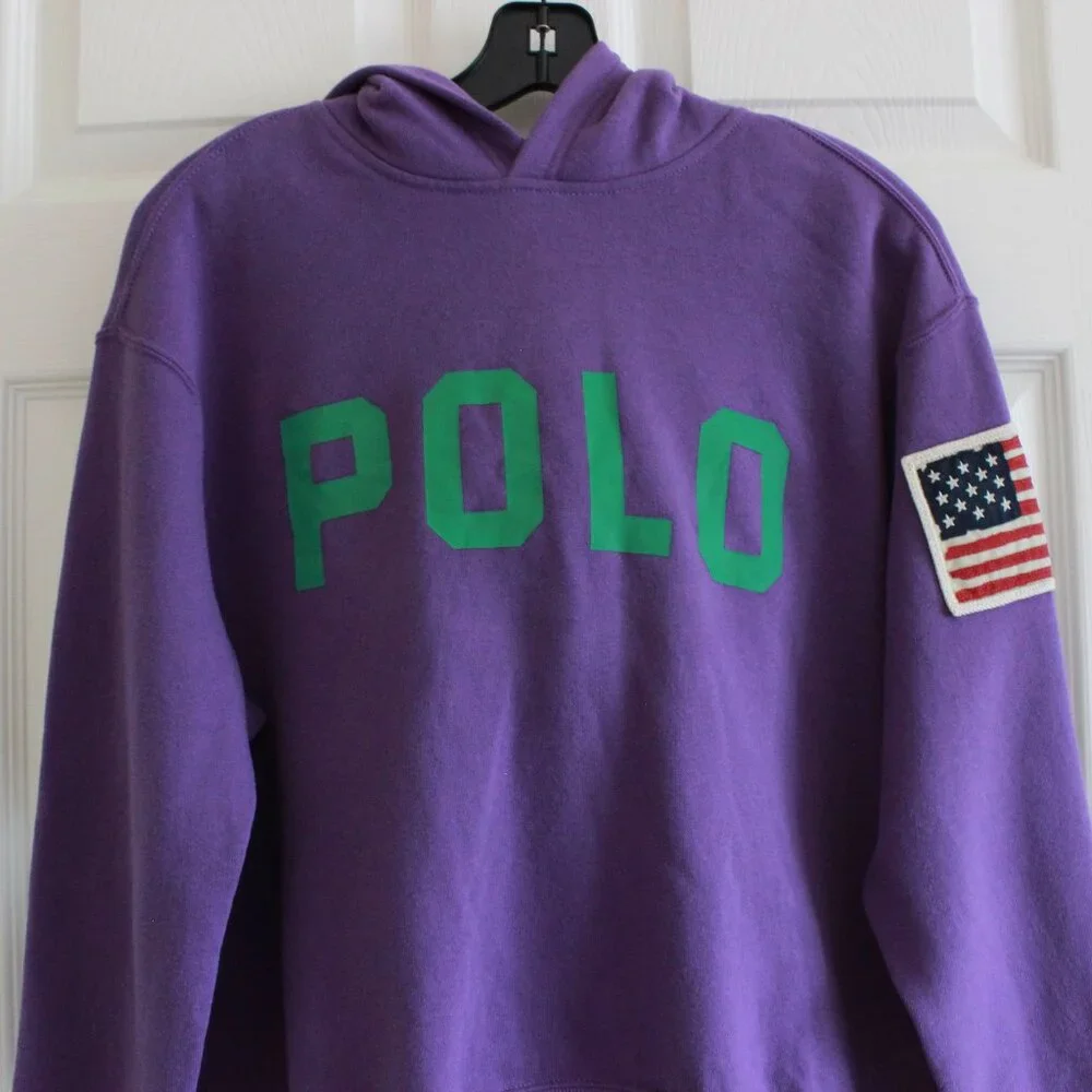 Polo Ralph Lauren Girl's Logo Fleece Hoodie Flag Patch Purple